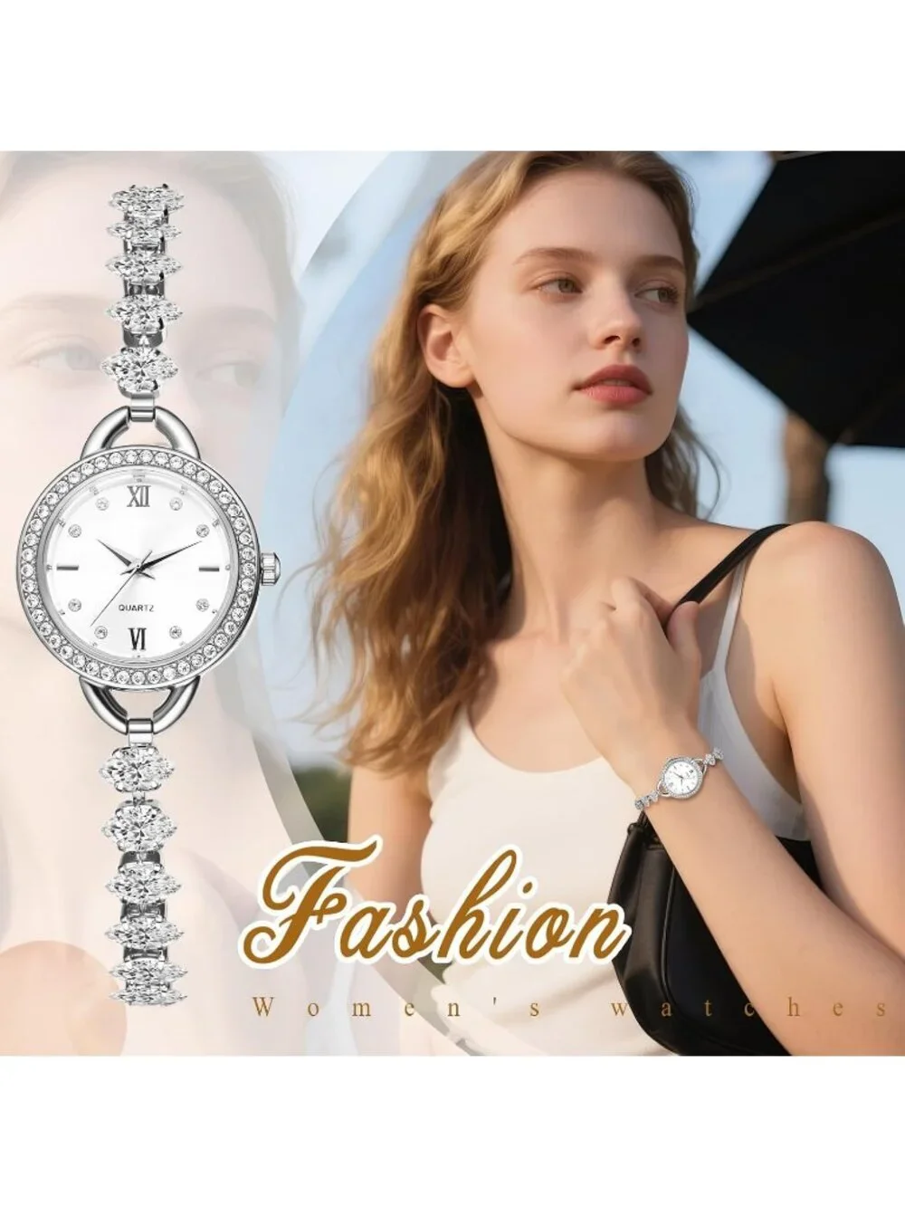 Women's Silver Analog Quartz Elegant Slim Strap Rhinestones Bracelet Wrist Watch